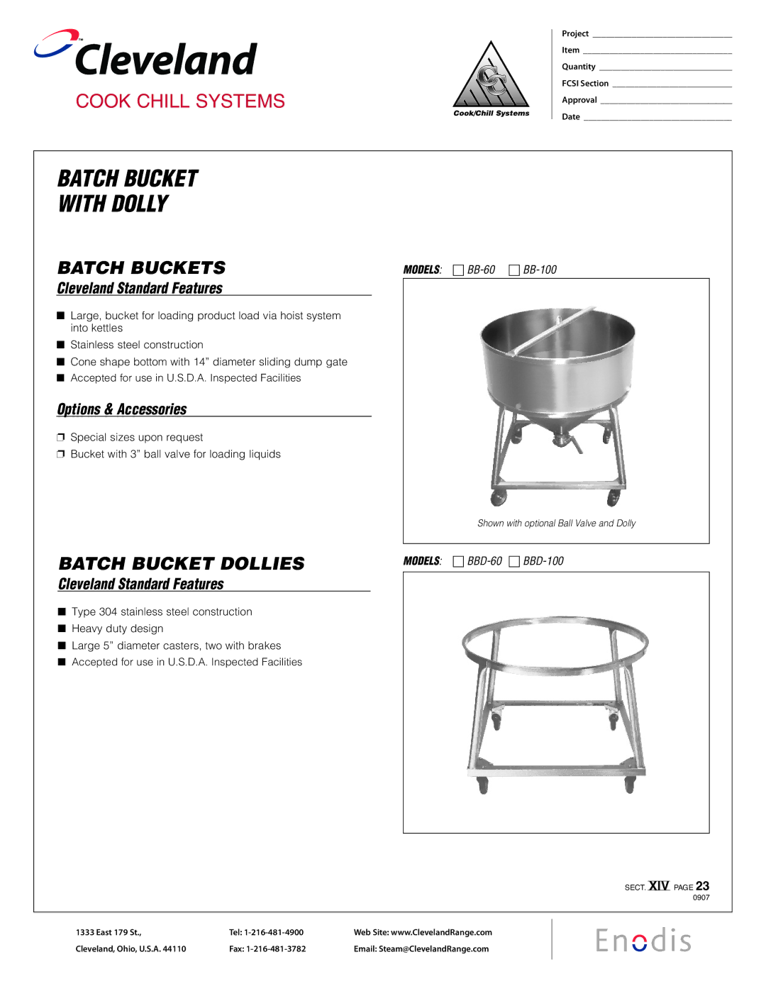 Cleveland Range BB-60 manual Cleveland, Cook Chill Systems, Batch Bucket with Dolly Batch Buckets, Batch Bucket Dollies 