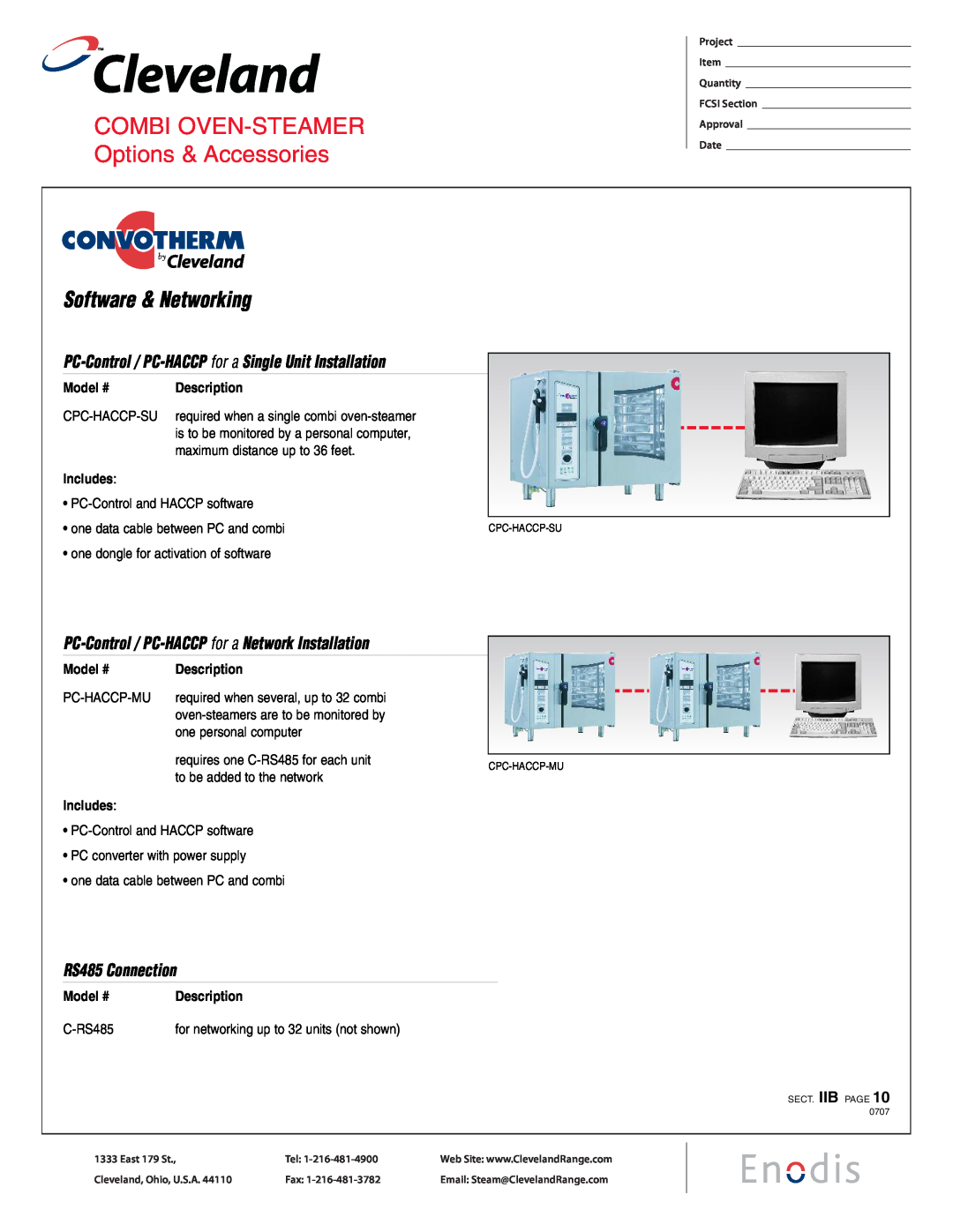 Cleveland Range CPC-HACCP-SU, C-RS485 manual Cleveland, COMBI OVEN-STEAMER Options & Accessories, Software & Networking 