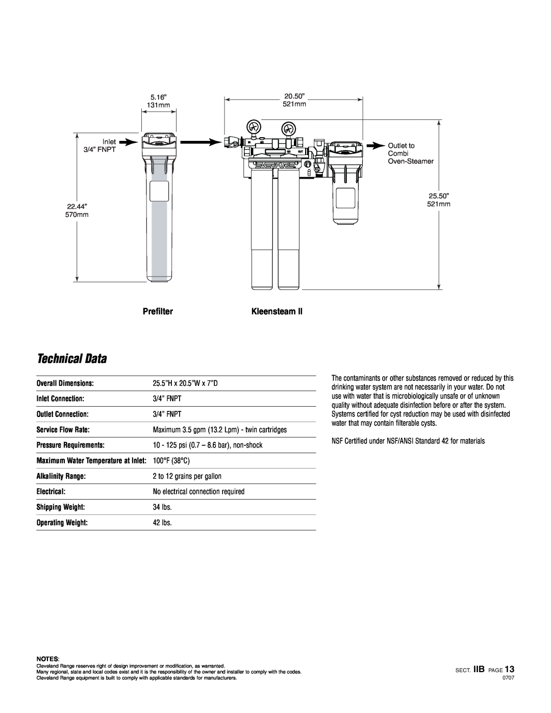 Cleveland Range C9797-K2PF specifications Technical Data, Prefilter 