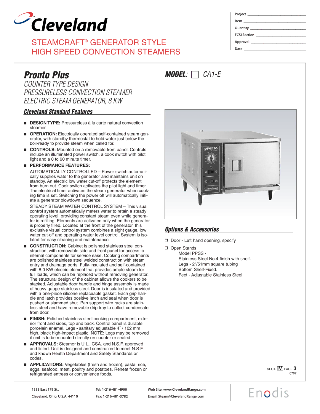 Cleveland Range manual Pronto Plus, Model χ CA1-E, Cleveland Standard Features, Options & Accessories 