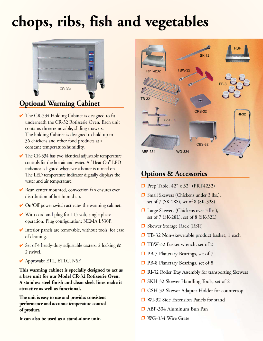 Cleveland Range CR-32 manual Optional Warming Cabinet, Options & Accessories 