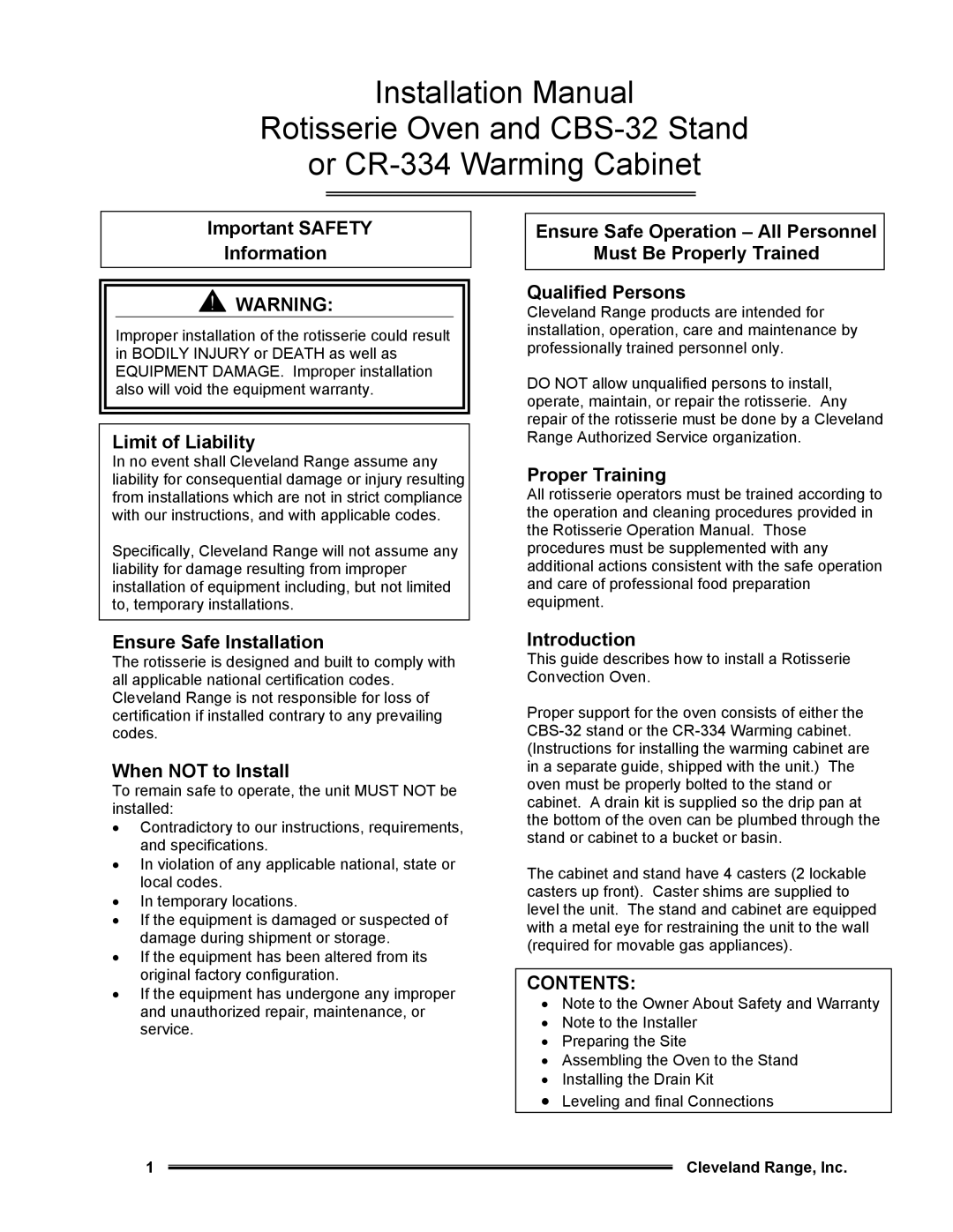 Cleveland Range CR32-FFP, CR32-FP, CR28-DD, CR28-FP, CR32-DD, CR28-FFP, Gas Convection Rotisserie and Holding Oven Contents 