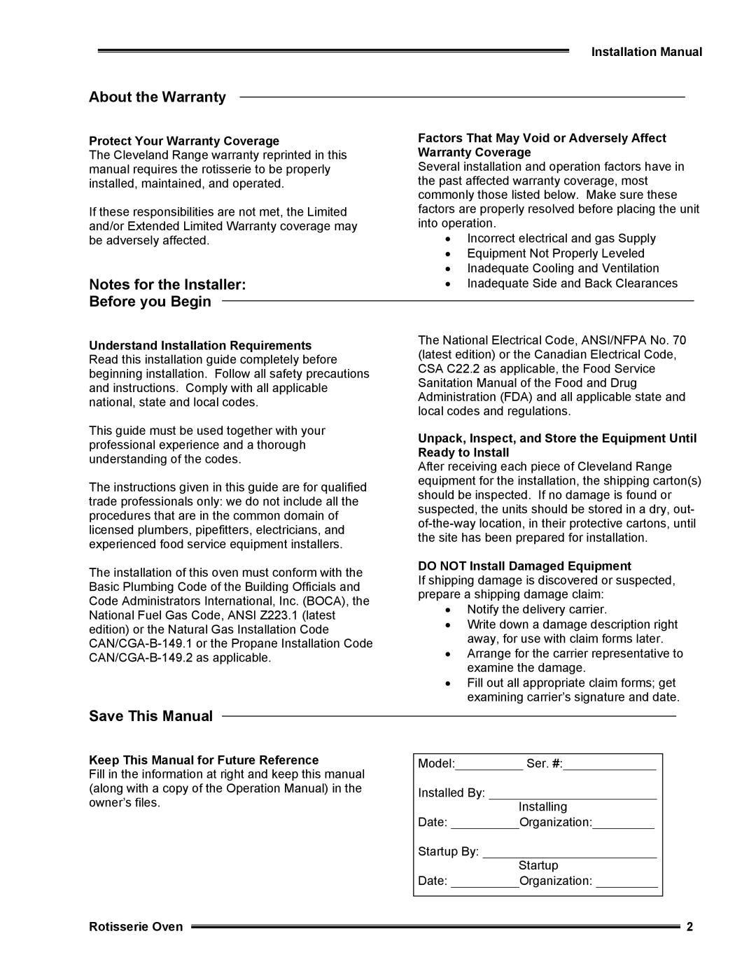 Cleveland Range CR32-FP, CR28-DD, CR28-FP, CR32-FFP, CR32-DD About the Warranty, Before you Begin, Save This Manual 