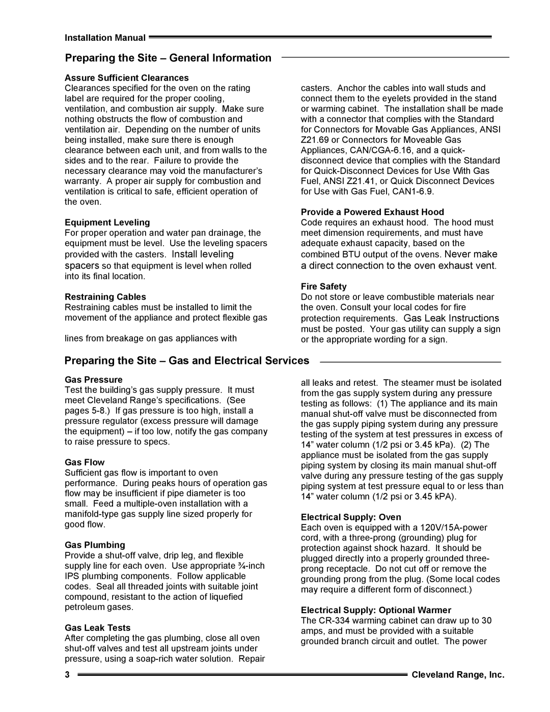 Cleveland Range CR32-DD, CR32-FP Preparing the Site General Information, Preparing the Site Gas and Electrical Services 