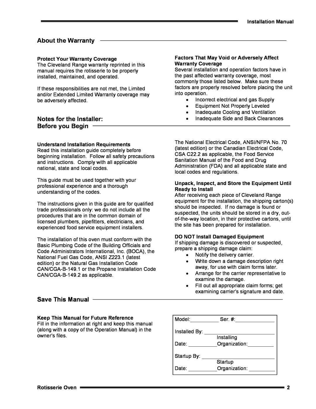 Cleveland Range CR32 About the Warranty, Notes for the Installer, Before you Begin, Save This Manual, Warranty Coverage 