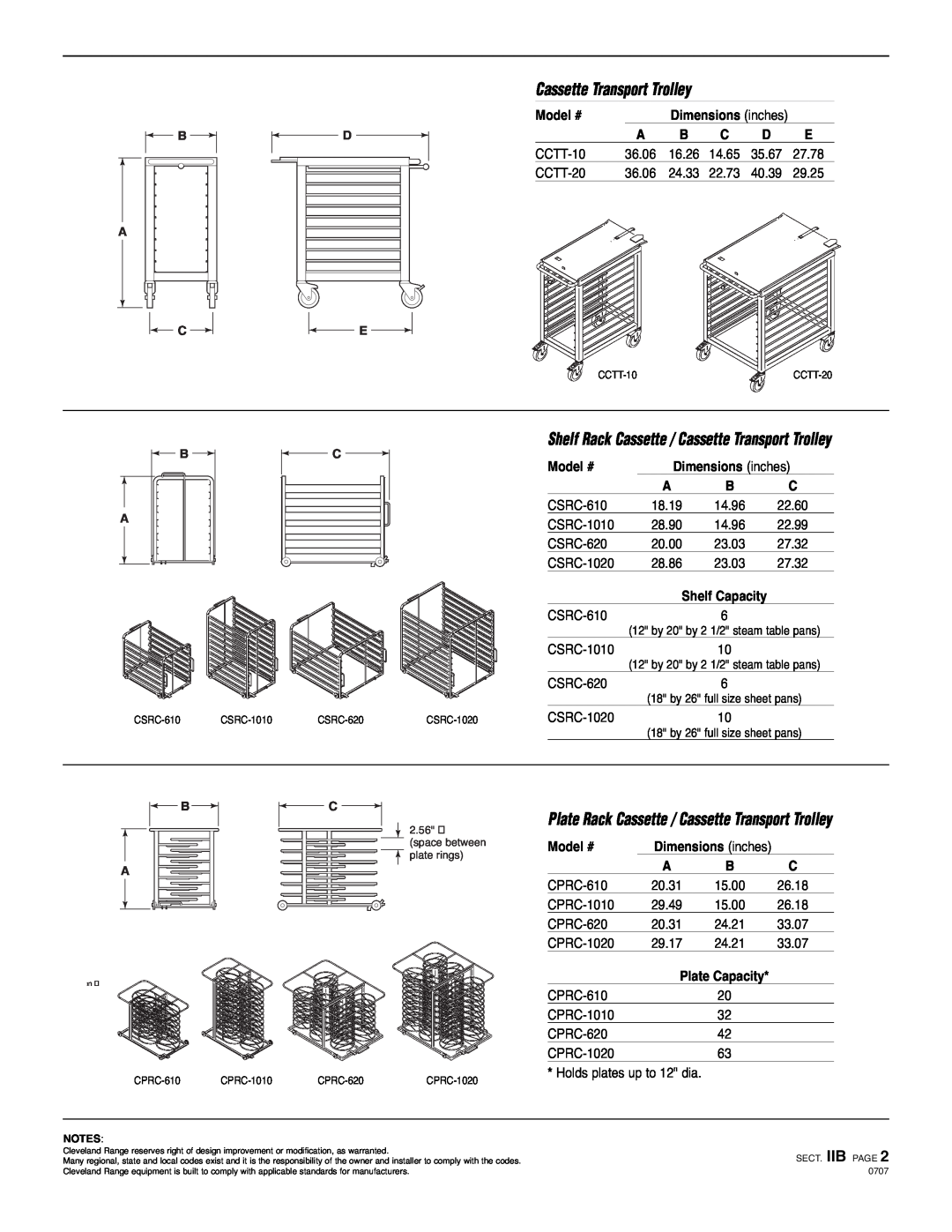 Cleveland Range CRF-20 manual Dimensions inches, Model #, Cassette Transport Trolley, CCTT-10, CSRC-610 CSRC-1010 CSRC-620 