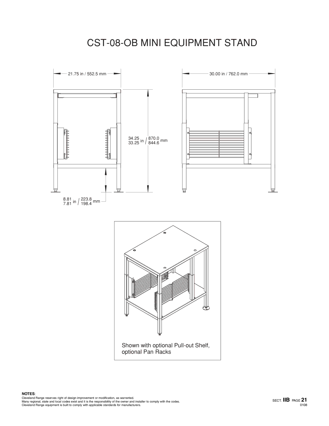 Cleveland Range CST 08-0B CST-08-OB Mini Equipment Stand, Shown with optional Pull-out Shelf, optional Pan Racks 