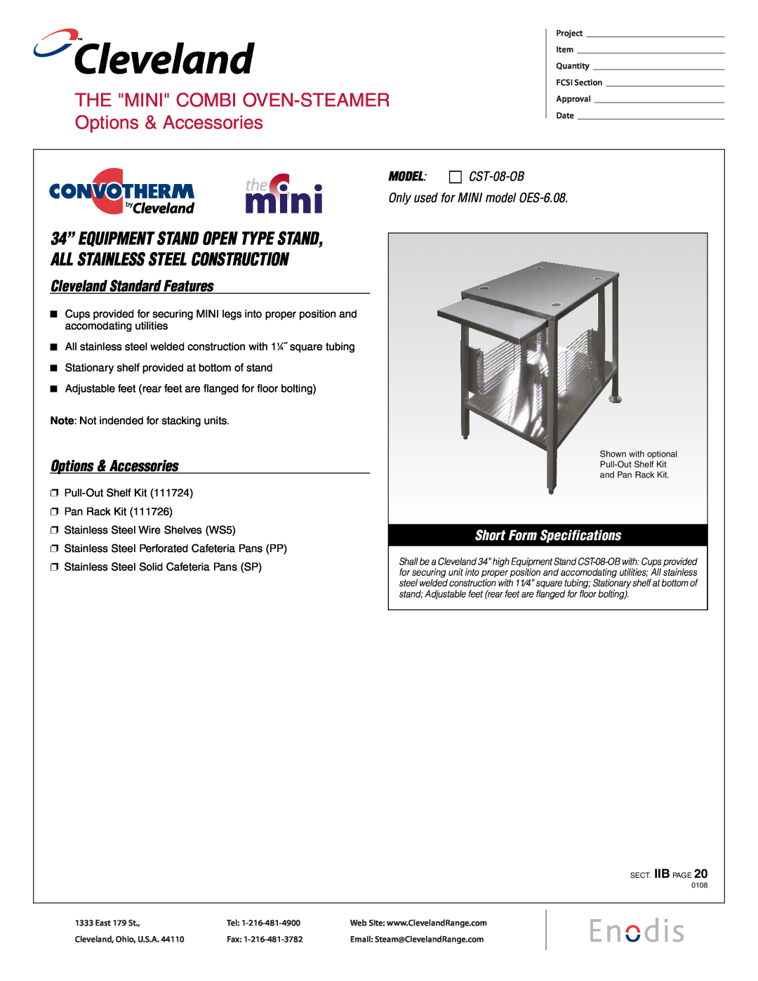 Cleveland Range CST 08-0B specifications Cleveland, THE MINI COMBI OVEN-STEAMEROptions & Accessories, MODEL: CST-08-OB 