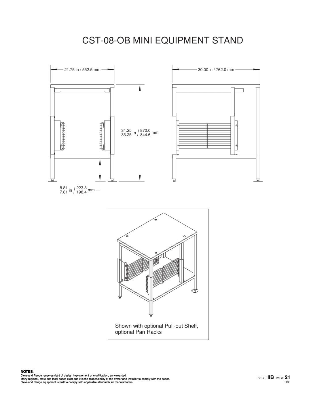 Cleveland Range CST 08-0B CST-08-OBMINI EQUIPMENT STAND, 21.75 in / 552.5 mm, 30.00 in / 762.0 mm, Sect. Iib Page 