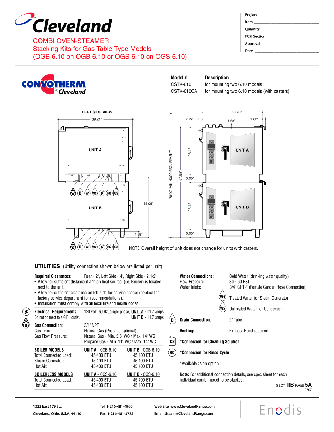 Cleveland Range manual CSTK-610CA, Gas Connection, Water Connections, Drain Connection, Venting 