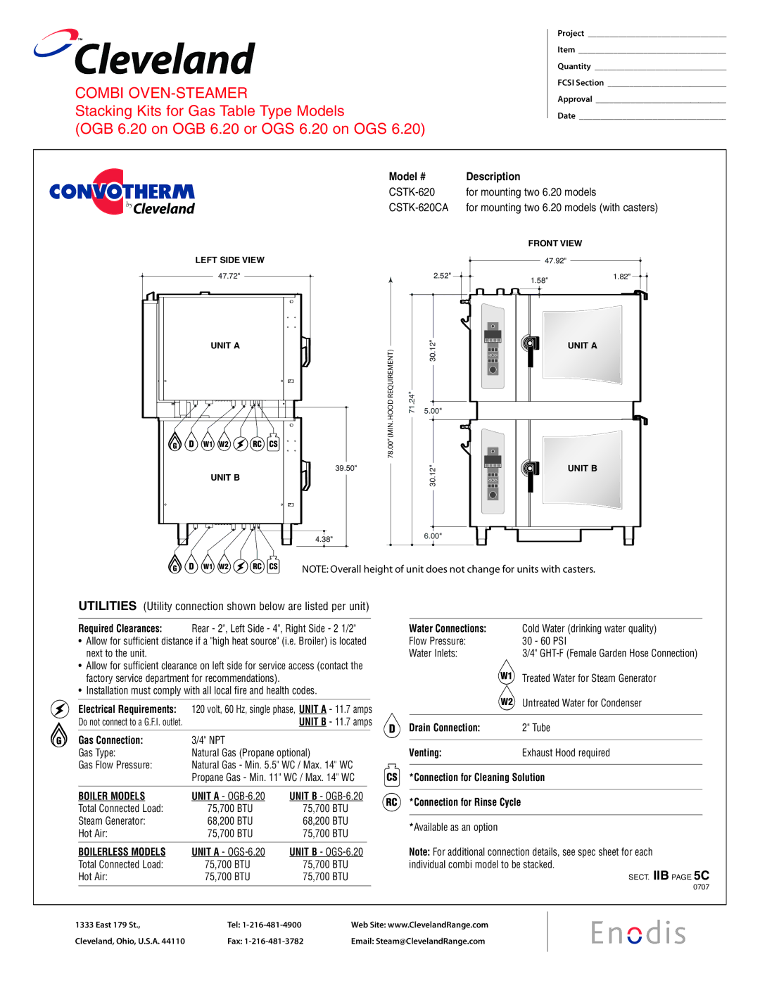 Cleveland Range CSTK-610CA manual CSTK-620CA, For mounting two 6.20 models with casters 