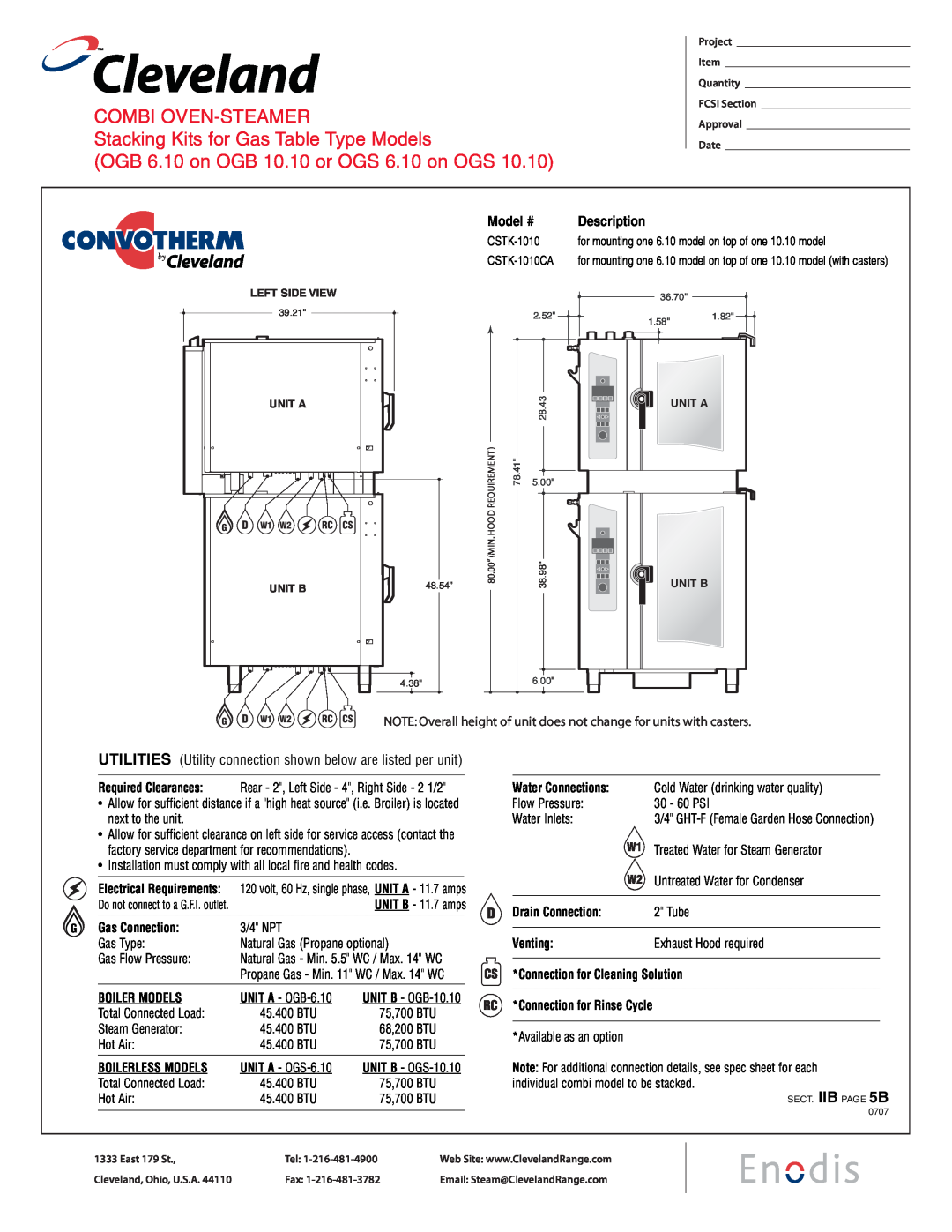 Cleveland Range CSTK-610CA OGB 6.10 on OGB 10.10 or OGS 6.10 on OGS, byCleveland, Model #, Description, Gas Connection 
