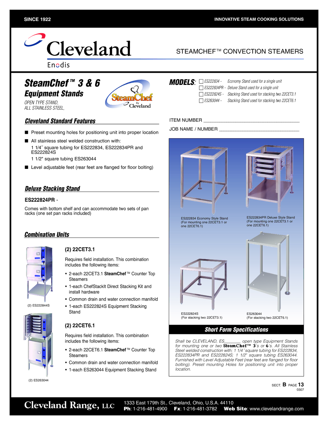 Cleveland Range ES222834PR specifications Cleveland Standard Features, Deluxe Stacking Stand, Combination Units 