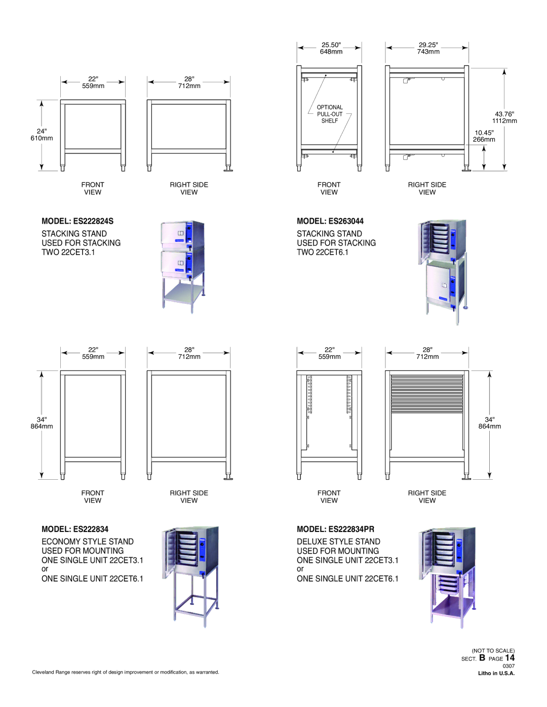 Cleveland Range ES222824S specifications Model ES263044, Model ES222834PR 