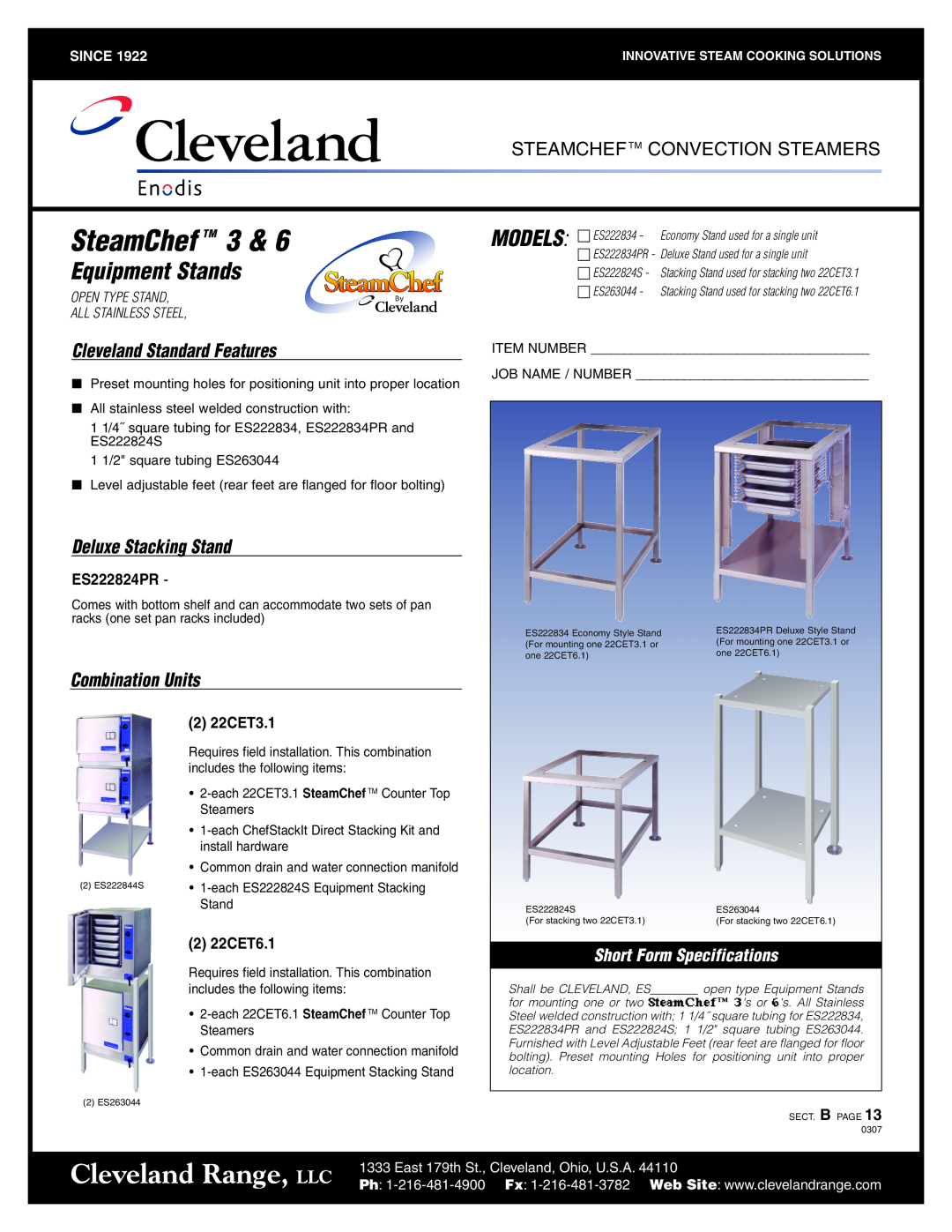 Cleveland Range ES222834 specifications ES222824PR, 2 22CET3.1, 2 22CET6.1, SteamChef TM, Cleveland Range, LLC, Models 