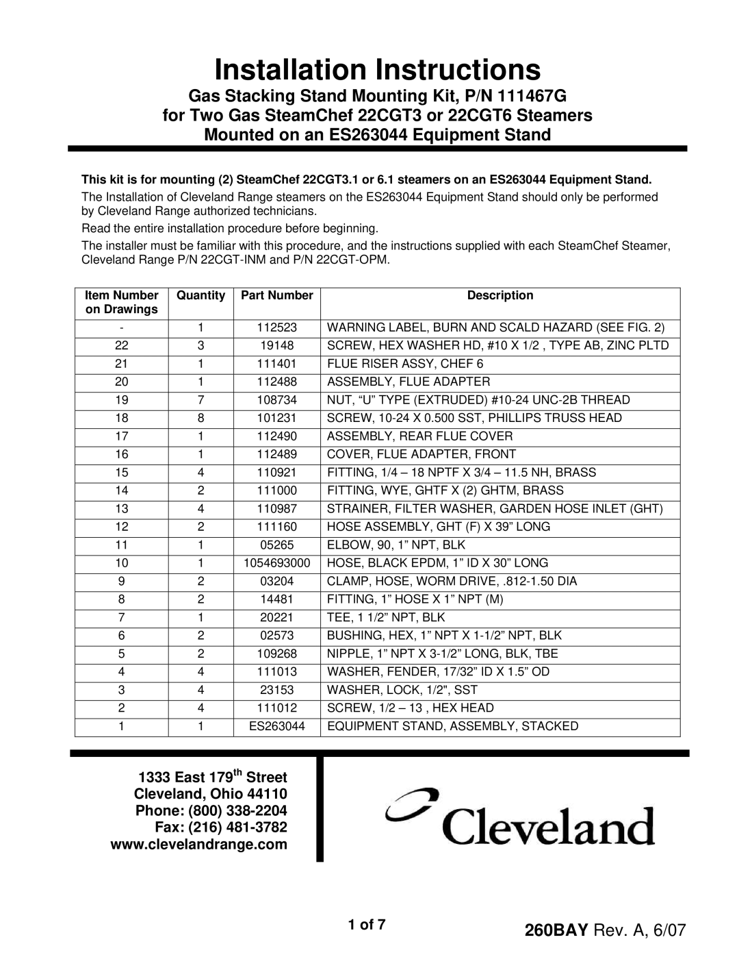 Cleveland Range ffbgf installation instructions Installation Instructions 