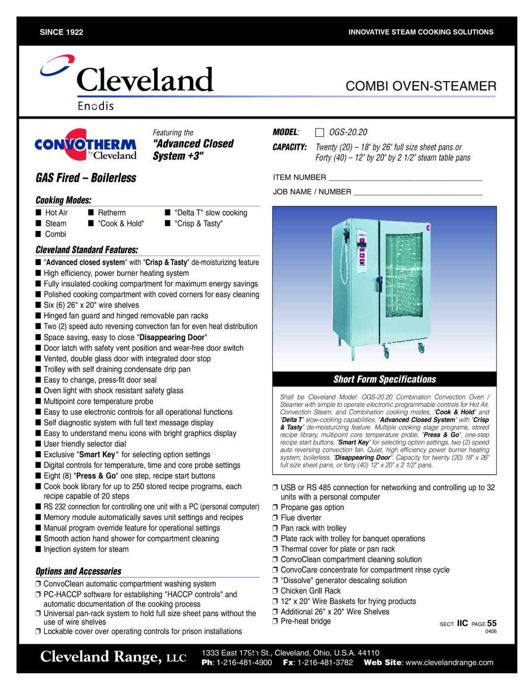 Cleveland Range Gas 20.20 manual GAS Fired Boilerless 