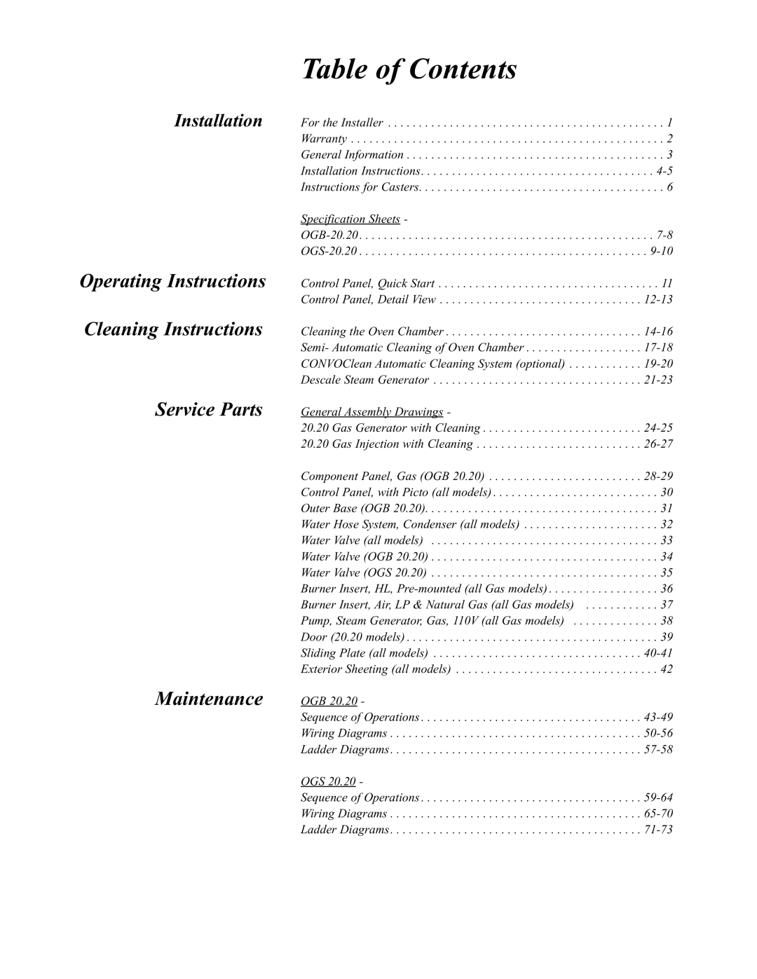 Cleveland Range Gas 20.20 manual Table of Contents 