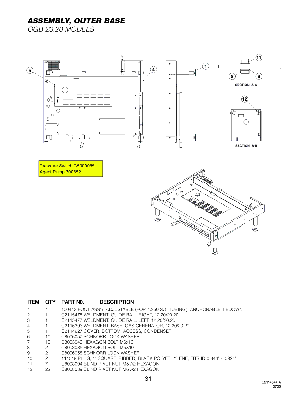 Cleveland Range Gas 20.20 manual ASSEMBLY, Outer Base, Item QTY Part N0. Description 