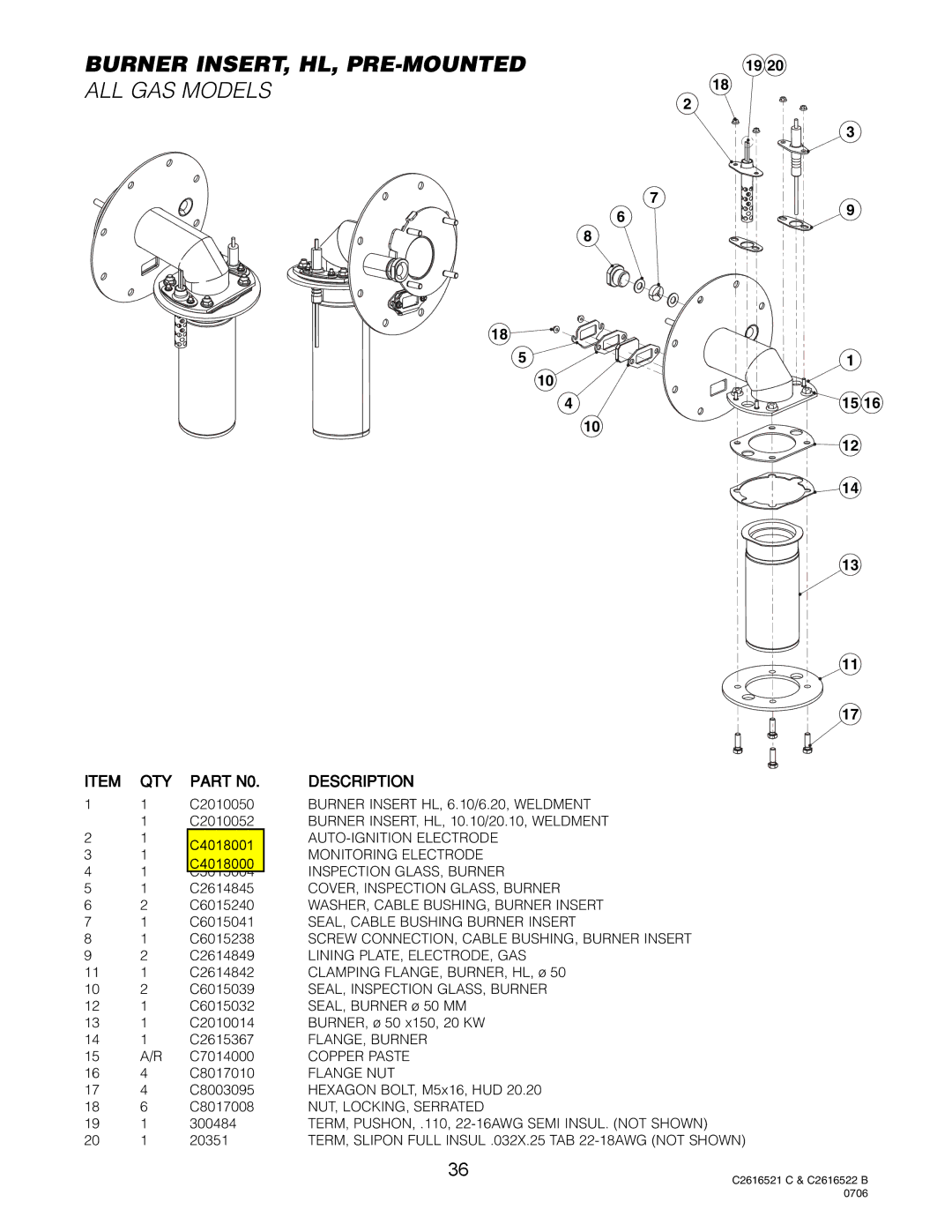 Cleveland Range Gas 20.20 manual Burner INSERT, HL, PRE-MOUNTED, ALL GAS Models 