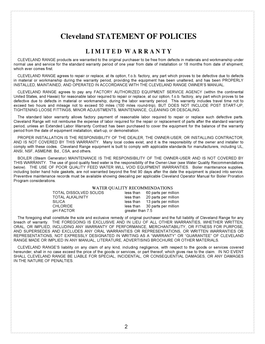 Cleveland Range Gas 20.20 manual Cleveland Statement of Policies 