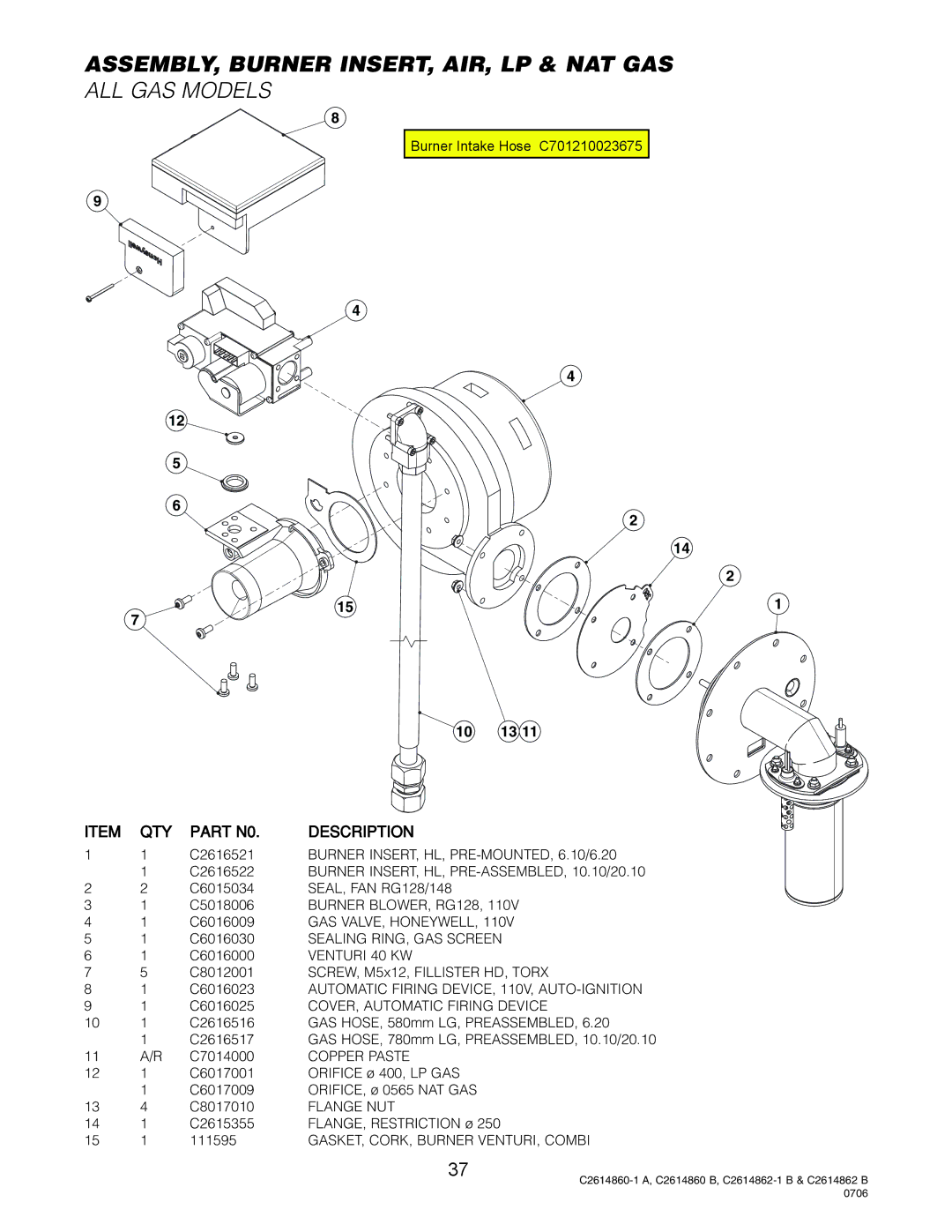 Cleveland Range Gas 20.20 manual ASSEMBLY, Burner INSERT, AIR, LP & NAT GAS, Burner INSERT, HL, PRE-MOUNTED, 6.10/6.20 