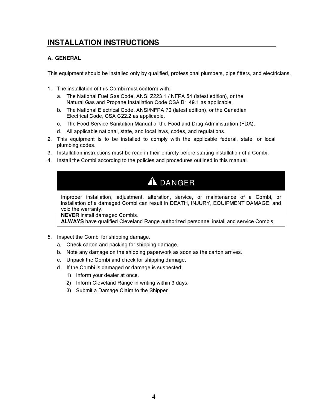 Cleveland Range Gas 20.20 manual Installation Instructions 