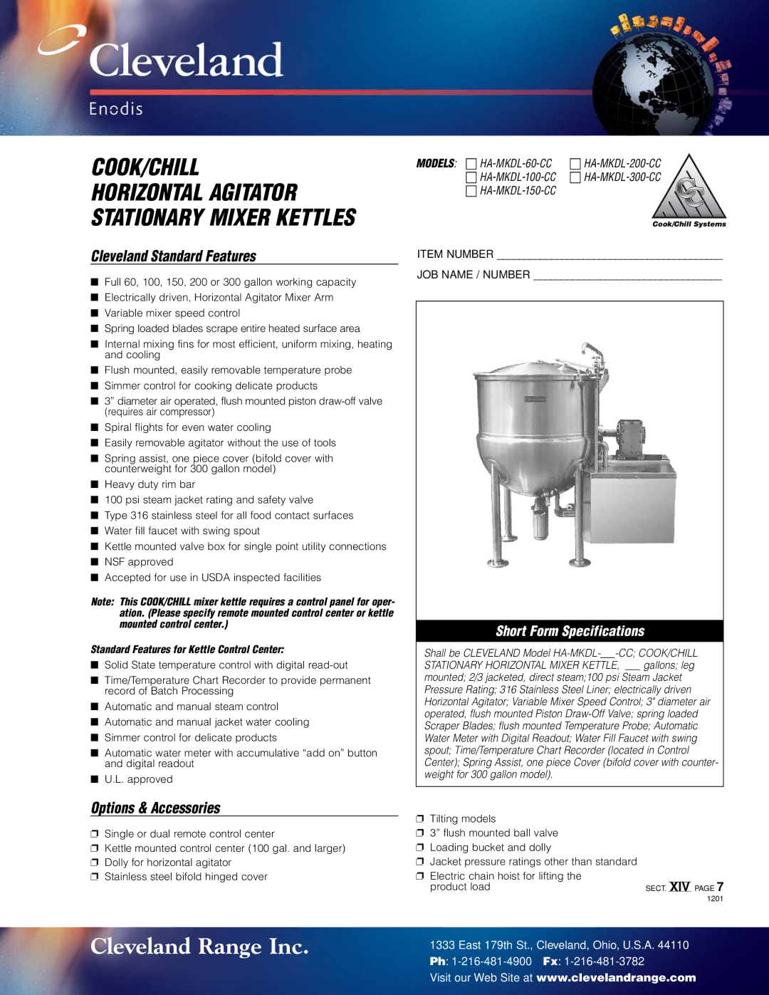 Cleveland Range HA-MKDL-300-CC, HA-MKDL-200-CC, HA-MKDL-100-CC, HA-MKDL-60-CC specifications Cleveland Range Inc 