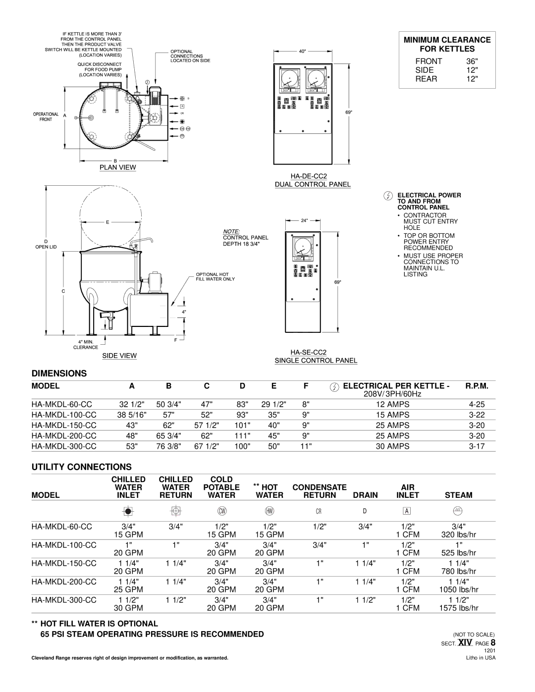 Cleveland Range HA-MKDL-100-CC, HA-MKDL-200-CC, HA-MKDL-300-CC, HA-MKDL-60-CC, HA-MKDL-150-CC specifications Dimensions 