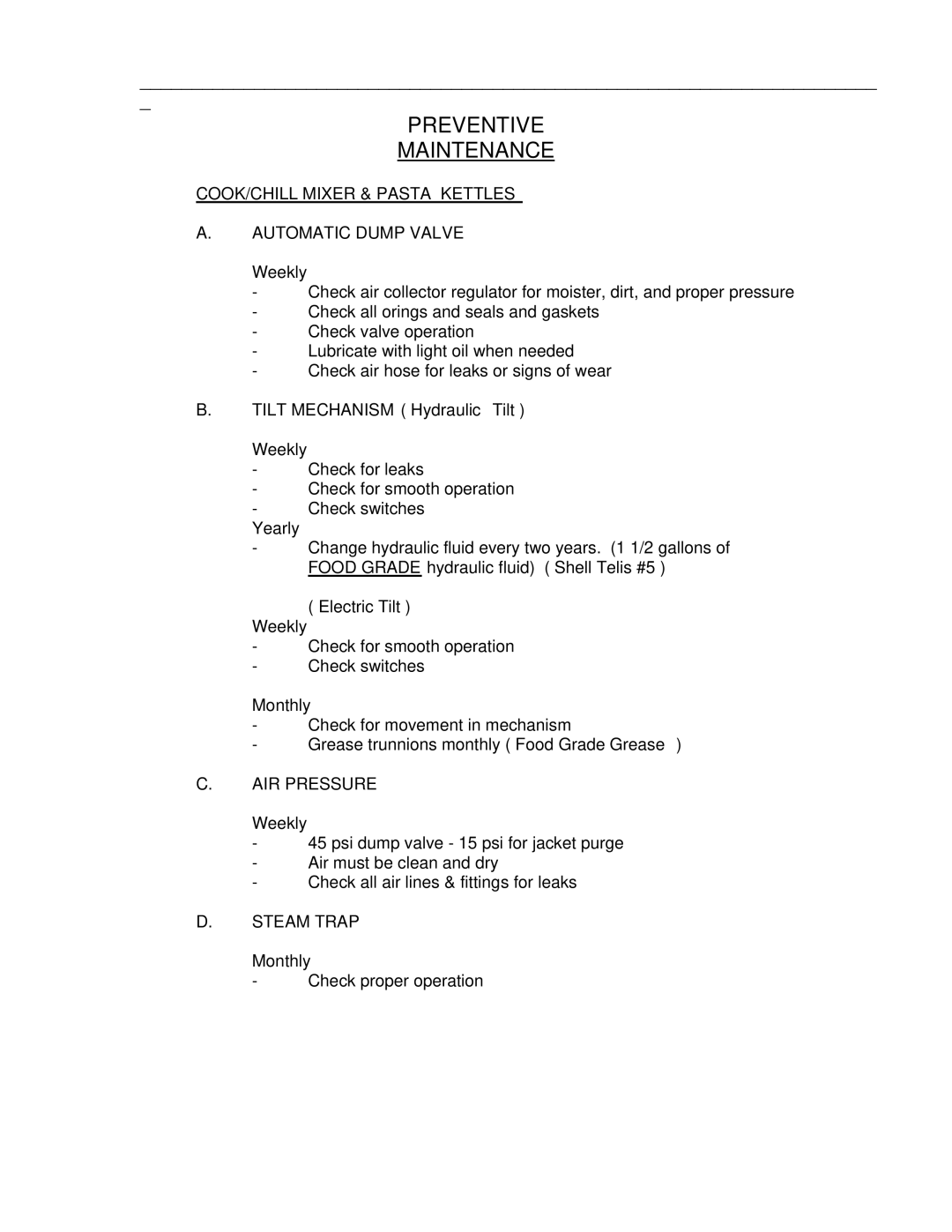 Cleveland Range HA-MKDL-300-CC, HA-MKDL-200-CC, HA-MKDL-100-CC, HA-MKDL-60-CC, HA-MKDL-150-CC Preventive Maintenance 