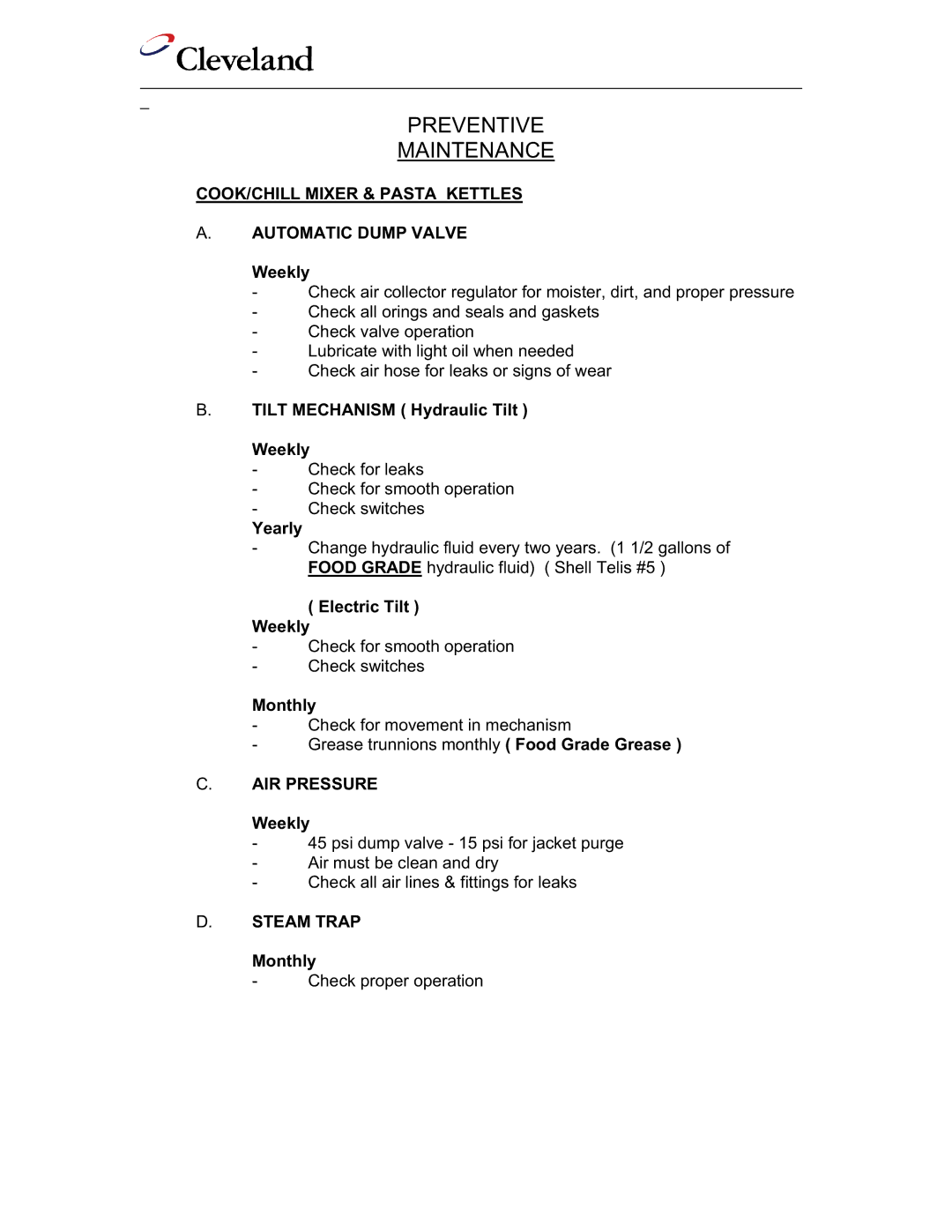 Cleveland Range IA-MKDL-60-CC, IA-MKDL-300-CC, IA-MKDL-100-CC, IA-MKDL-150-CC, IA-MKDL-200-CC Preventive Maintenance 