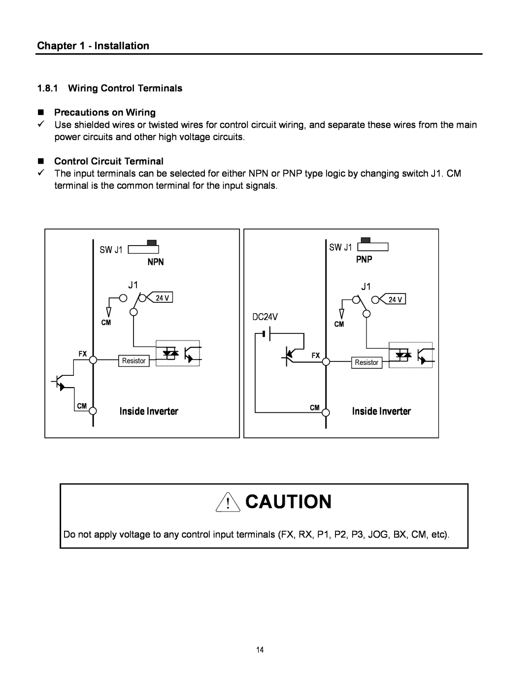 Cleveland Range inverter manual Installation, Inside Inverter, 1.8.1Wiring Control Terminals, Precautions on Wiring, SW J1 