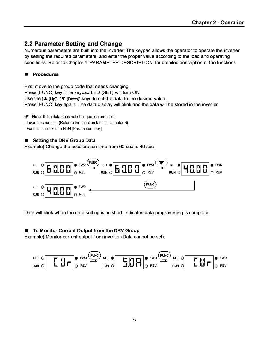 Cleveland Range inverter manual Parameter Setting and Change, Operation 