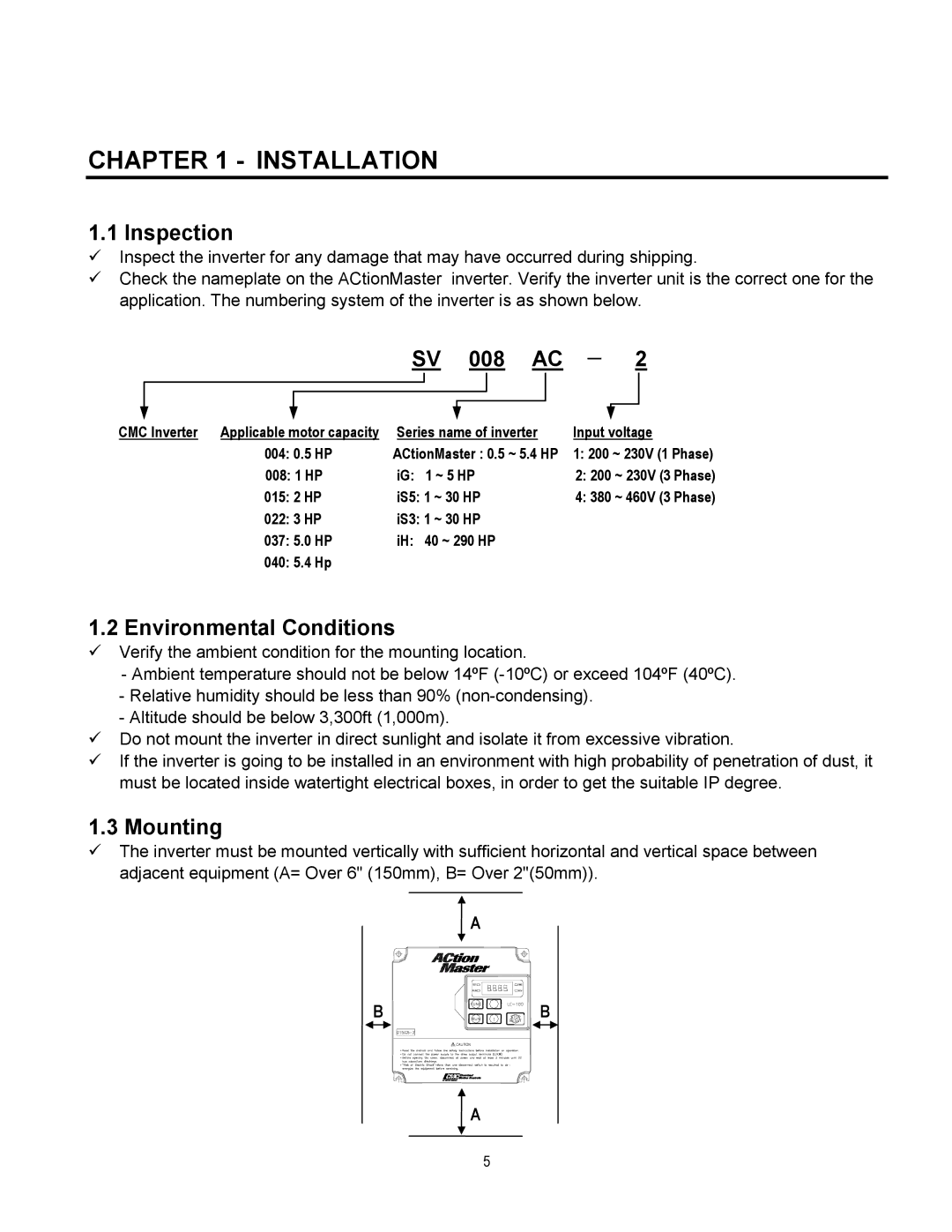 Cleveland Range inverter manual Installation, Inspection, 008, Environmental Conditions, Mounting 