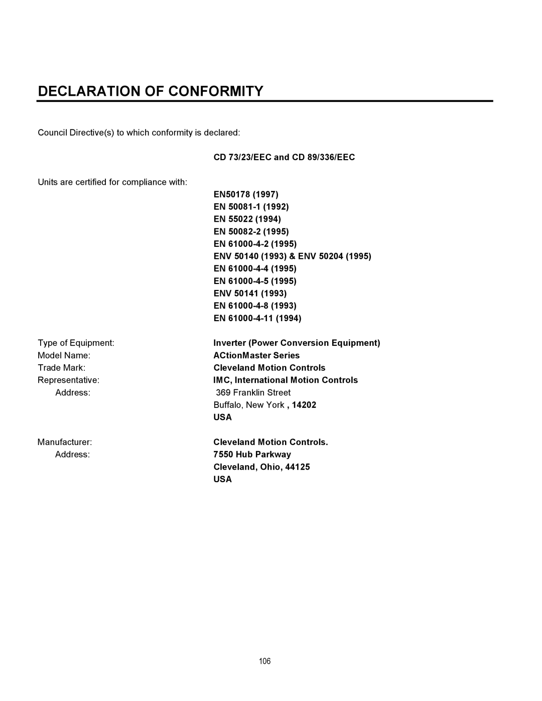 Cleveland Range inverter manual Declaration of Conformity, CD 73/23/EEC and CD 89/336/EEC 