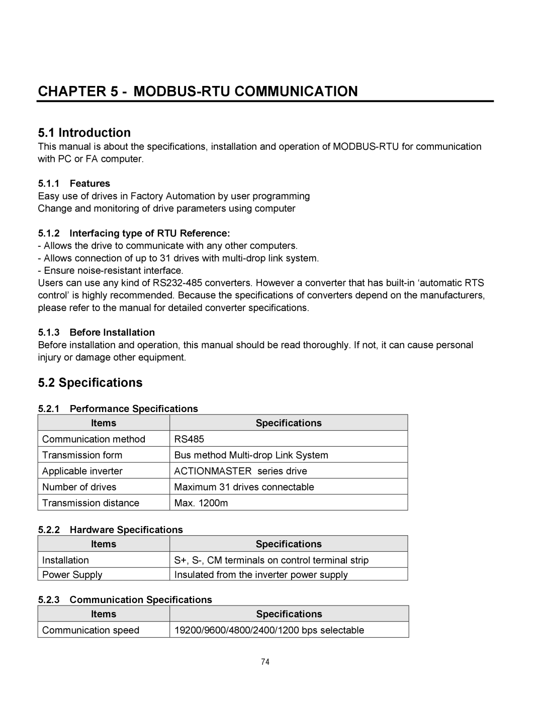 Cleveland Range inverter manual MODBUS-RTU Communication, Introduction, Specifications 