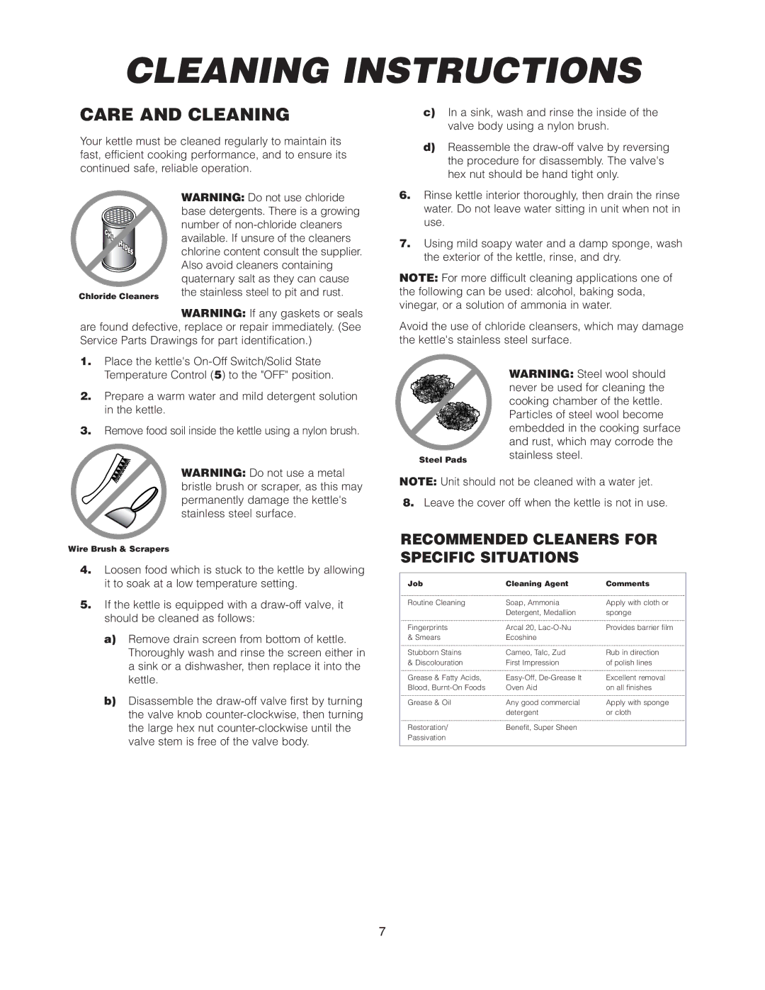 Cleveland Range KCL-25-T, KGT-25-T, KGL-25-T manual Cleaning Instructions, Care and Cleaning 