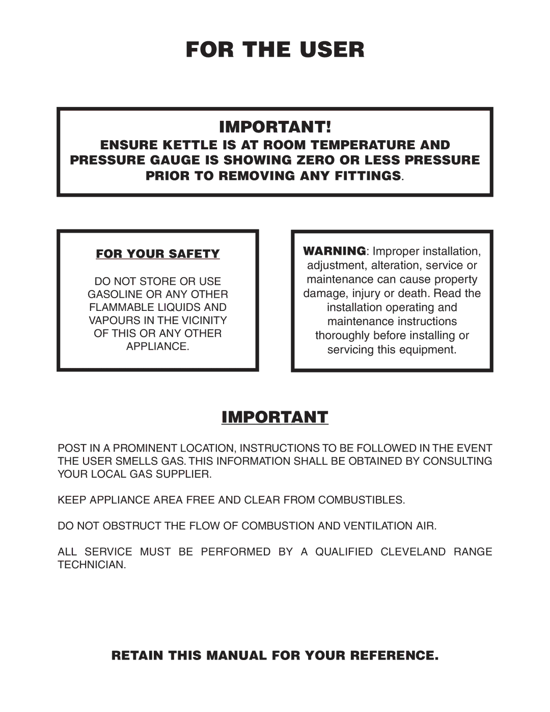 Cleveland Range KCL-25-T, KGT-25-T, KGL-25-T manual For the User, Retain this Manual for Your Reference 