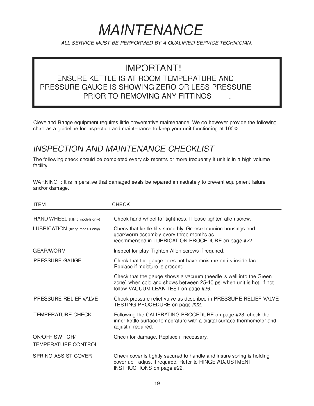 Cleveland Range KCL-25-T, KGT-25-T, KGL-25-T manual Inspection and Maintenance Checklist 