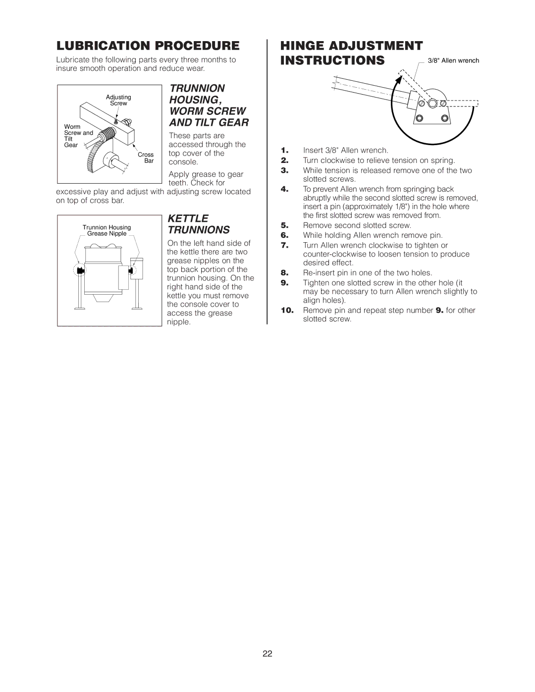 Cleveland Range KCL-25-T, KGT-25-T, KGL-25-T manual Lubrication Procedure, Hinge Adjustment Instructions 