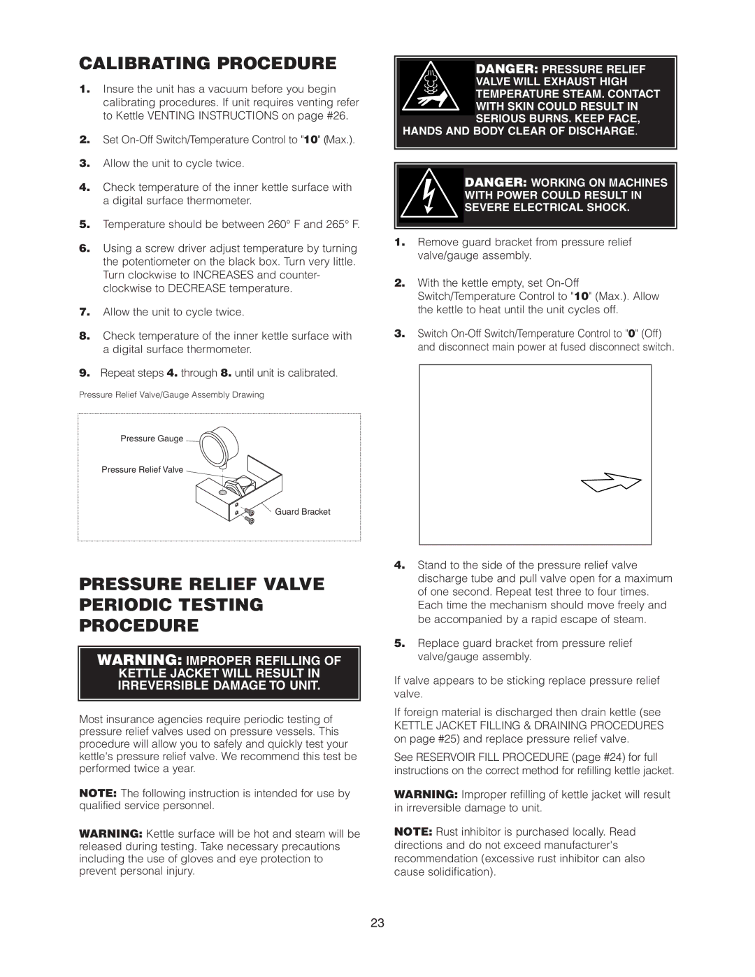 Cleveland Range KGT-25-T, KCL-25-T, KGL-25-T Calibrating Procedure, Pressure Relief Valve Periodic Testing Procedure 