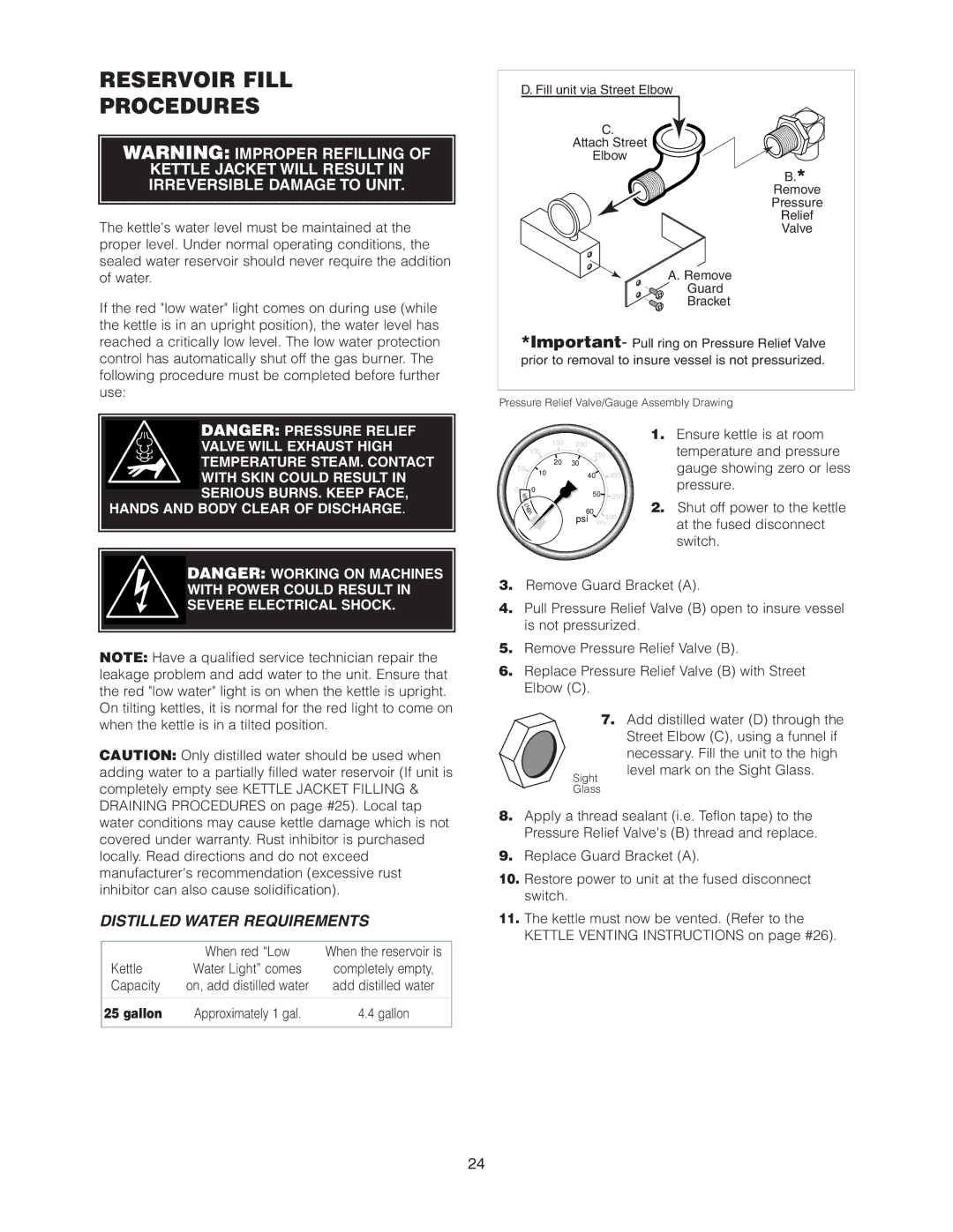 Cleveland Range KCL-25-T, KGT-25-T, KGL-25-T manual Reservoir Fill Procedures, Hands and Body Clear of Discharge 