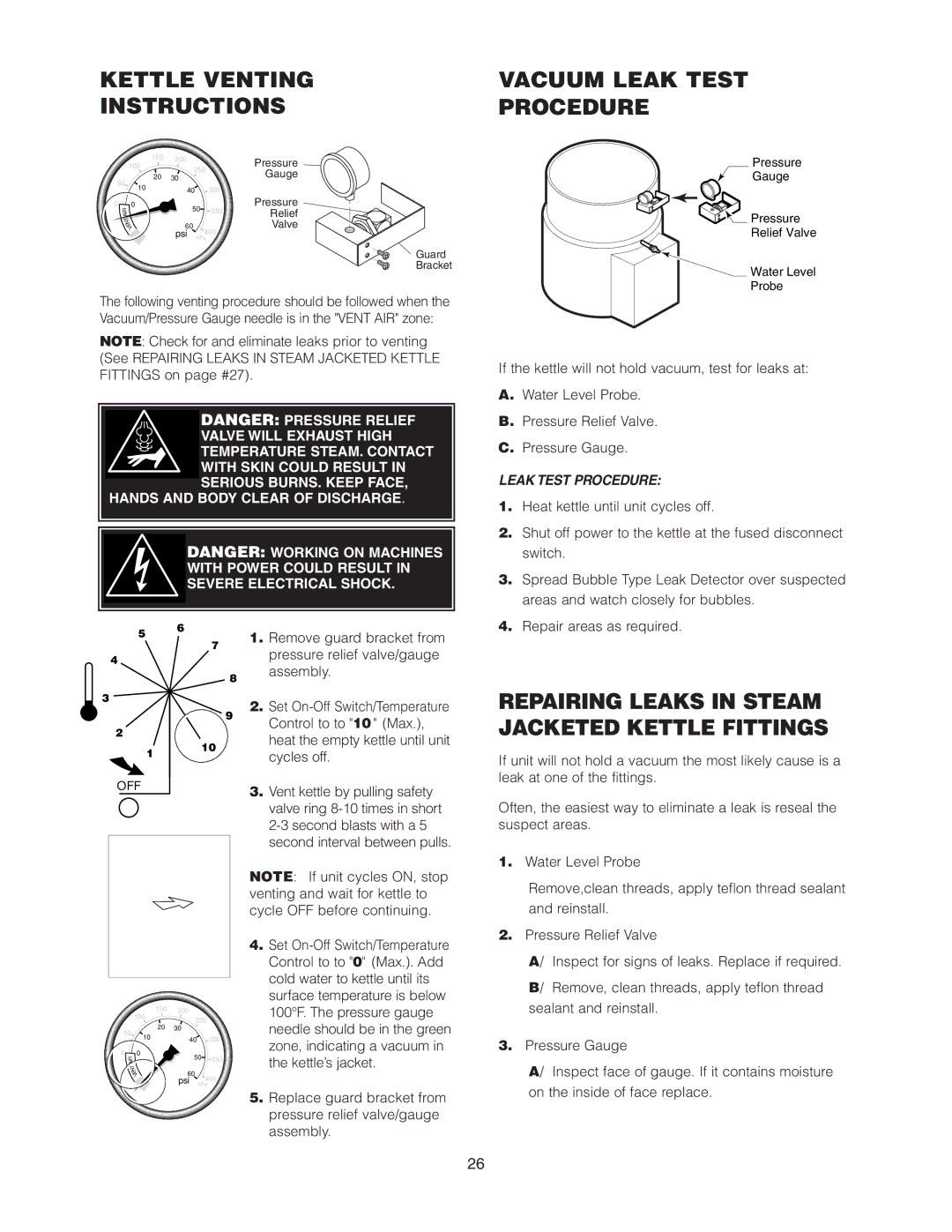 Cleveland Range KGL-25-T, KCL-25-T, KGT-25-T manual Kettle Venting Instructions, Vacuum Leak Test Procedure 