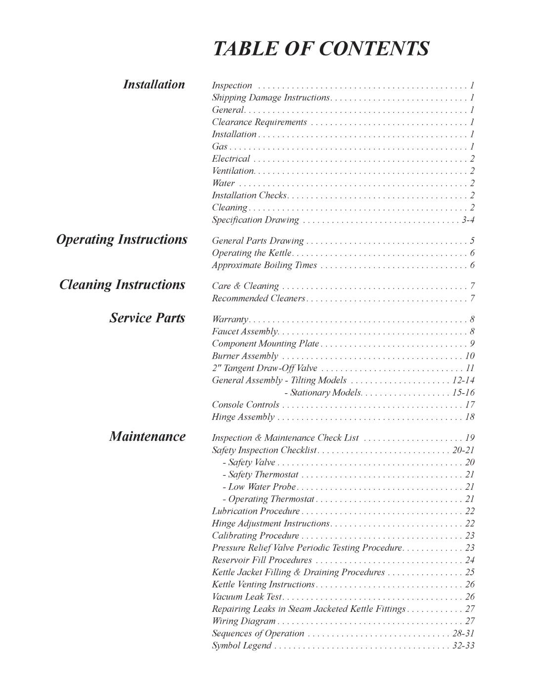 Cleveland Range KCL-25-T, KGT-25-T, KGL-25-T manual Table of Contents 