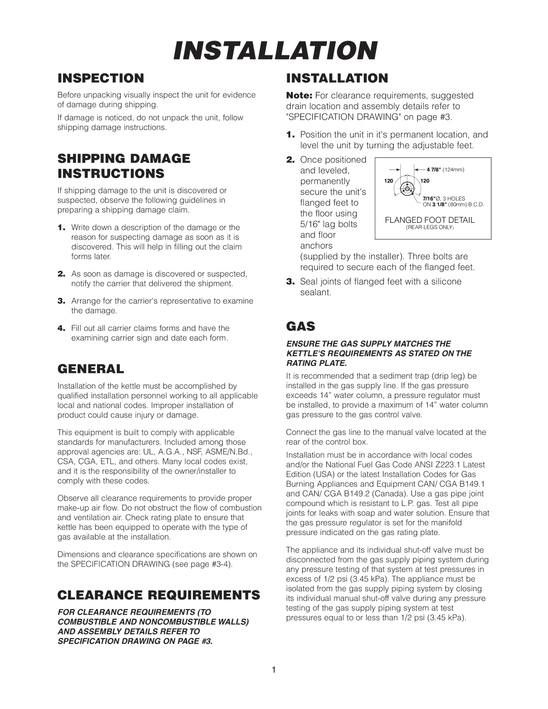 Cleveland Range KGL-25-T Inspection, Shipping Damage Instructions, General, Clearance Requirements, Installation, Gas 