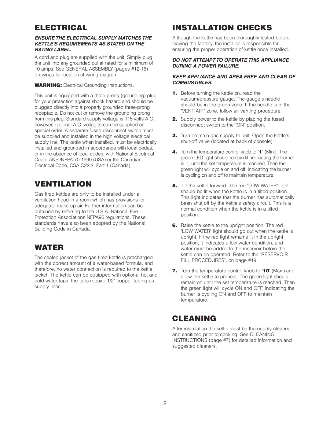 Cleveland Range KCL-25-T, KGT-25-T, KGL-25-T manual Electrical, Ventilation, Water, Installation Checks, Cleaning 