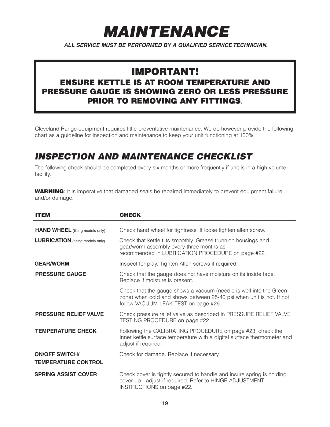 Cleveland Range KGL-25, KCL-25-T, KGT-25 Inspection And Maintenance Checklist, Ensure Kettle Is At Room Temperature And 