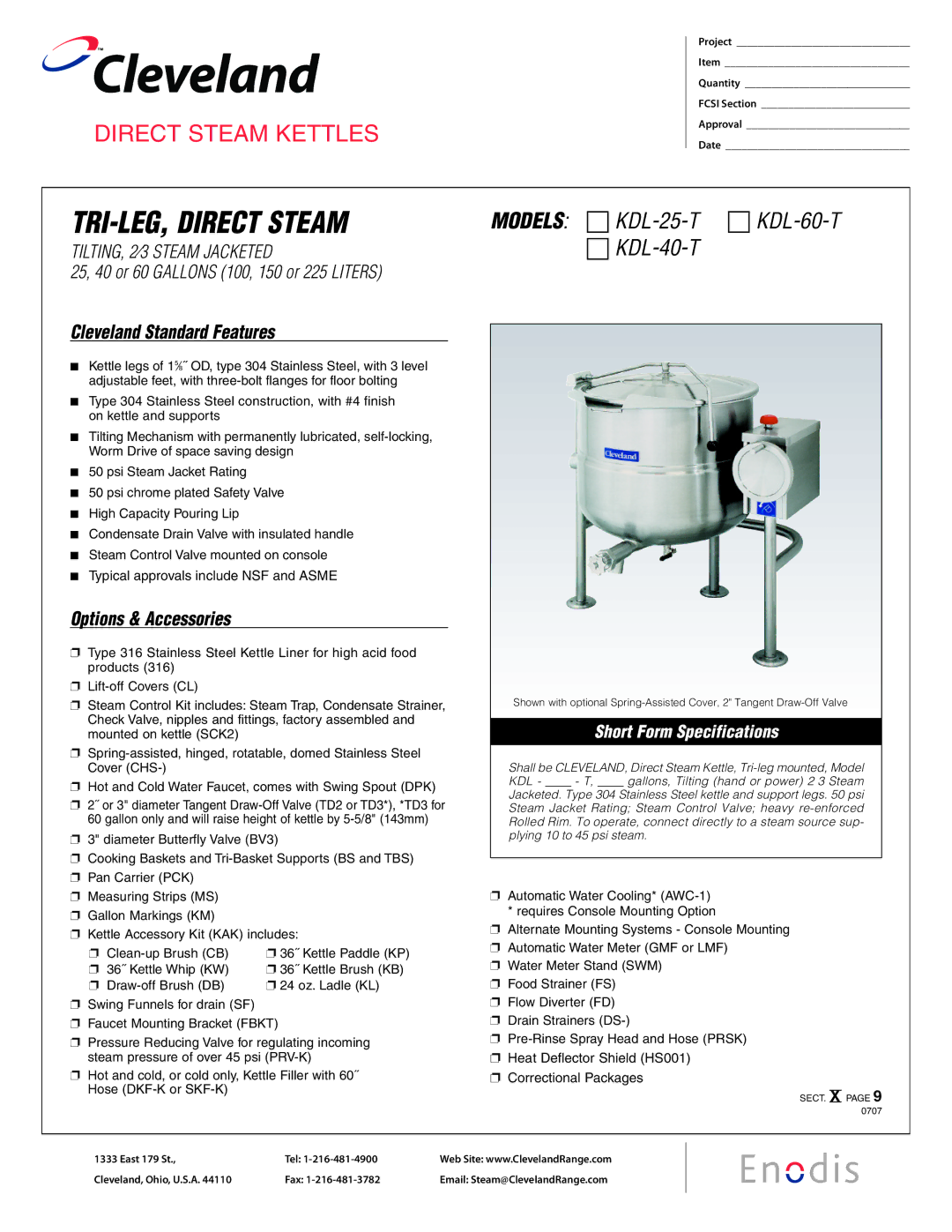 Cleveland Range KDL-60-T, KDL-40-T, KDL-25-T specifications Cleveland Standard Features, Options & Accessories 