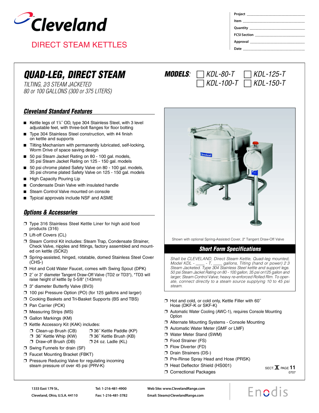 Cleveland Range KDL-150-T specifications Cleveland, Quad-Leg,Direct Steam, Direct Steam Kettles, MODELS χ KDL-80-T 