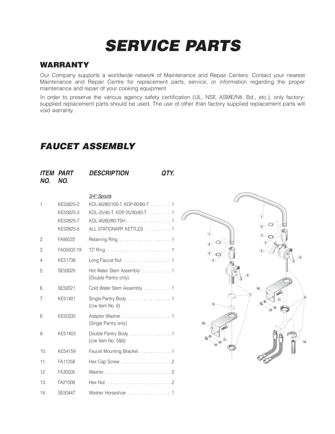 Cleveland Range KDL-TSH, KDL-SH, KDP-T manual Service Parts, Faucet Assembly, Warranty 